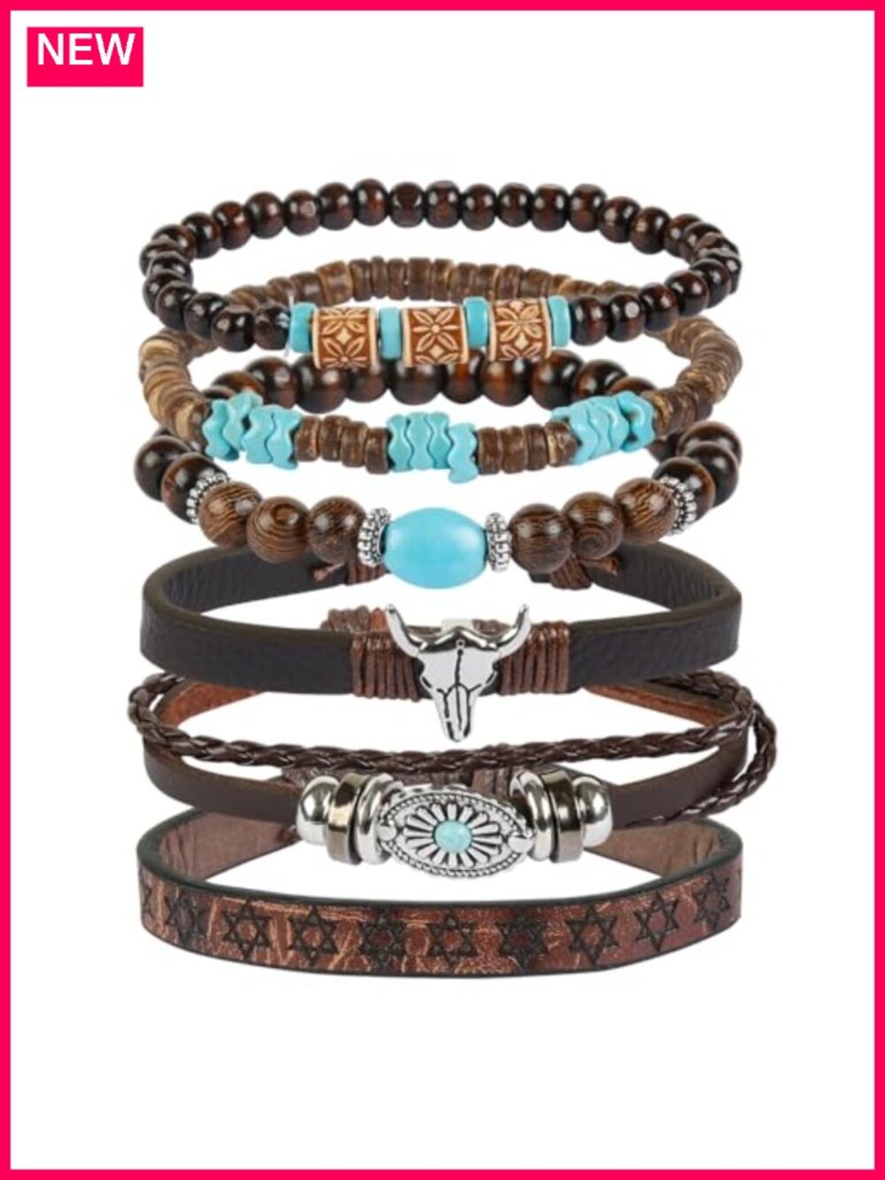Unisex Western Bracelet Set, Bohemian Stackable Turquoise Beaded Leather Wrap
